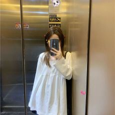 韩系甜美蕾丝花边慵懒纯棉白色纽扣春秋季娃娃衫女孕妈宽松连衣裙