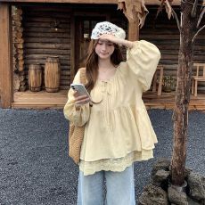 2026春秋法式绑带圆领蕾丝花边宽松长袖娃娃衫孕妇装显瘦上衣潮妈