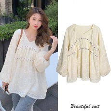 批发2026春秋新款显瘦时尚V领刺绣蕾丝衫韩版宽松孕妇装潮妈<b class='q'>长袖</b>上衣