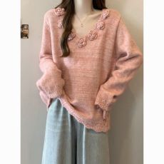 批发2026新款高级感立体花朵V领毛衣春秋法式宽松显瘦<b class='q'>孕妇装</b>针织上衣