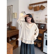 2026新款韩系圆领磨毛花边打底T恤宽松长袖娃娃衫孕妇装显瘦潮妈