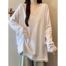 批发2026年秋冬V领中长款拼接花边蕾丝打底衫<b class='q'>孕妇装</b>韩系宽松百搭上衣