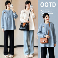 批发2025实拍孕妇上衣秋冬新款休闲加绒宽松娃娃衫卫衣秋季套装遮肚