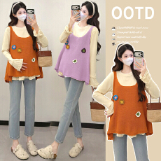 批发实拍2026新款韩系减龄甜美花边长袖衬衫叠穿花朵套头针织孕妇套装