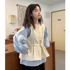 批发2026新款韩系减龄甜美简约长袖<b class='q'>衬衫</b>马甲叠穿套装松紧调节孕妇套装