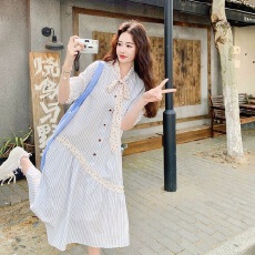 批发2026新款波点蝴蝶结蓝色条纹蕾丝拼接衬衫裙减龄小个子<b class='q'>孕妇</b><b class='q'>连衣裙</b>