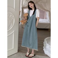 批发2026新款夏装韩系小清新蓝色牛仔<b class='q'>背带</b>赫本风遮肉减龄显瘦孕妇套装