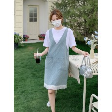 批发2026新款夏装韩系小清新碎花牛仔<b class='q'>背带</b>赫本风遮肉减龄显瘦孕妇套装