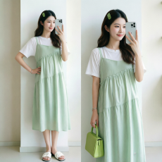 批发2026新款夏季韩版减龄拼接假两件时尚设计遮肉显瘦休闲孕妇<b class='q'>连衣裙</b>