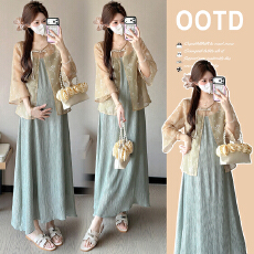 批发实拍2026夏新款吊带盘扣新中式轻奢<b class='q'>欧根纱</b>防晒衫两件套孕妈连衣裙