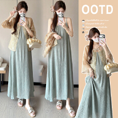 批发实拍2026夏新款吊带盘扣新中式轻奢<b class='q'>欧根纱</b>防晒衫两件套孕妈连衣裙