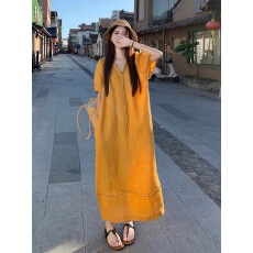 2026新款夏季宽松遮肉V领灯笼袖长裙气质显瘦孕妇装连衣裙高级感