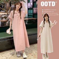 2026新款夏季宽松遮肉POLO领T恤长裙气质显瘦孕妇装连衣裙高级感