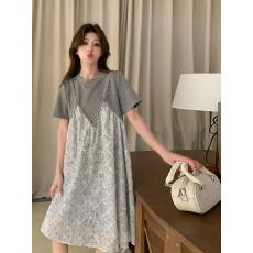 批发2026新款夏季假两件时尚拼接<b class='q'>设计</b>法式文艺遮肉显瘦休闲孕妇连衣裙