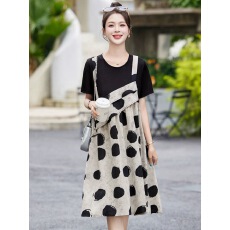 批发2026新款夏季假两件时尚拼接<b class='q'>设计</b>印花波点遮肉显瘦休闲孕妇连衣裙