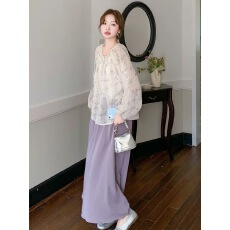 批发2026夏装新款温柔风甜美刺绣碎花长袖冰凉衬衫套装紫色孕妈两件套