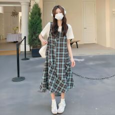 批发2026新款夏季假两件时尚拼接<b class='q'>设计</b>法式文艺遮肉显瘦休闲孕妇连衣裙