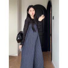 孕妇裤2026新款波点上衣+背带裤复古蓝色条纹夏季凉感休闲阔腿裤