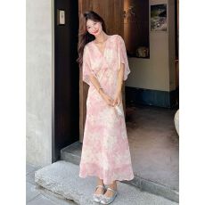 法式复古碎花短袖女夏2026新款碎花拼接温柔风V领遮肚显瘦孕妇装