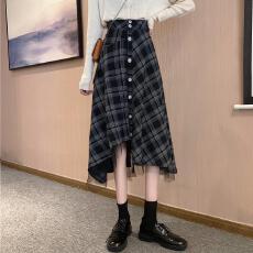 批发春夏2026新款不规则格子<b class='q'>半身裙</b>女高腰a字中<b class='q'>长裙</b>设计感黑色半裙子