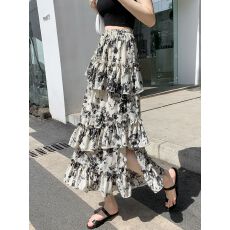 批发荷叶边碎花<b class='q'>半身裙</b>2026新款夏季不规则开叉雪纺裙子蛋糕包臀a字裙