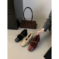 红色粗跟方头温柔毛毛鞋女冬季新款保暖仙女气质保暖跟鞋