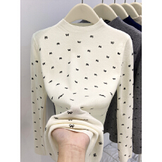 批发蝴蝶结印花半高领长袖针织打底衫女2025<b class='q'>冬</b>季新款修身显瘦内搭上衣