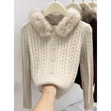 批发韩系温柔风毛领麻花针织毛衣女2025<b class='q'>冬</b>季新款修身显瘦气质打底上衣