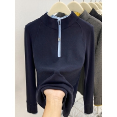 批发撞色立领半拉链露指双面德绒长袖打底衫女冬季新款修身内搭上衣