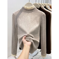 批发半高领蕾丝花边长袖t恤女冬季新款一体绒修身内搭保暖打底衫上衣