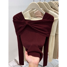 法式一字肩蝴蝶结长袖针织衫女冬季新款高级感气质毛衣打底衫上衣