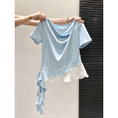 批发纯色荡领<b class='q'>短袖</b>t恤女2026夏季新款甜美风假两件设计感显瘦气质上衣