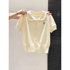 批发<b class='q'>甜美</b>风娃娃领短袖针织衫女2026春新款蝴蝶结刺绣开衫休闲百搭上衣