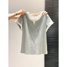 批发韩版撞色拼接假两件短袖<b class='q'>t</b><b class='q'>恤</b>女2026夏季新款简约休闲时尚百搭上衣