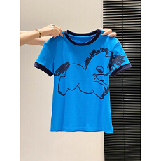 批发复古撞色领卡通小马印花短袖<b class='q'>t</b><b class='q'>恤</b>女2026夏季韩系减龄显瘦百搭上衣