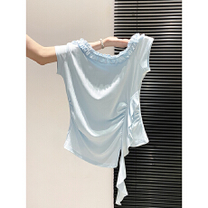 批发辣妹斜领荷叶边短袖<b class='q'>t</b><b class='q'>恤</b>女夏季新款设计感抽绳收腰不规则下摆上衣
