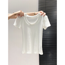 批发韩系简约风双层u领短袖<b class='q'>t</b><b class='q'>恤</b>女2026夏季新款修身显瘦基础款百搭上衣