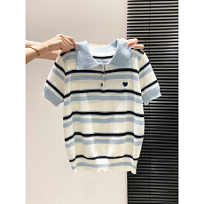 批发韩系通勤条纹翻领<b class='q'>针织衫</b>女夏季新款撞色拼接爱心刺绣显瘦短袖上衣