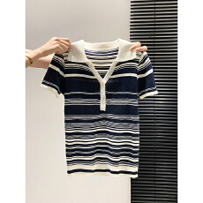 批发韩系条纹polo领短袖<b class='q'>针织衫</b>女夏季新款v领纽扣设计感修身显瘦上衣