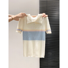 学院风撞色条纹polo领针织衫女夏季新款翻领纽扣坑条百搭短袖上衣