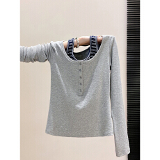批发假两件挂脖条纹拼接<b class='q'>长袖</b><b class='q'>t</b><b class='q'>恤</b>女早秋新款灰色半排扣u领修身辣妹上衣