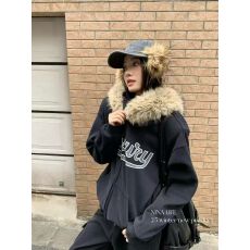 批发2025冬季新款连帽毛领字母宽松加绒卫衣<b class='q'>外套</b>休闲阔腿裤两件套装女