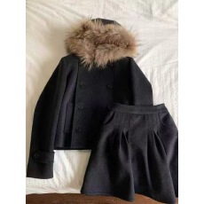 批发景页页榛果咖色可拆真毛领连帽古早感气质加厚毛呢外套短裙套装