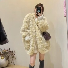 批发2025新款秋冬韩版休闲仿羊羔毛外套女中长款加厚环保毛毛毛上衣潮