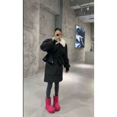 批发十三行2025秋冬韩系秋冬羊羔毛领菱形格抽绳收腰羽绒外套半裙套装