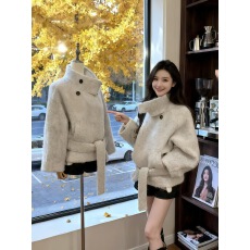 批发韩系气质羊羔毛外套女冬季宽松系带毛呢大衣温柔慵懒风高级感上衣
