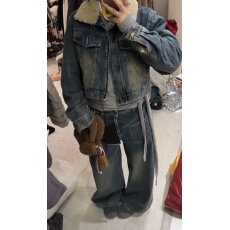 批发2025新款韩版复古时尚羊羔毛领加绒牛仔夹克外套高腰阔腿裤两件套