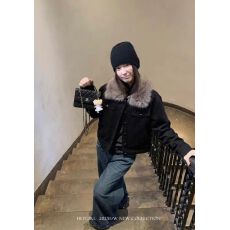 批发HEYGIRL黑哥 巴黎<b class='q'>街头</b> 复古休闲短款夹克女冬设计感毛领夹棉外套