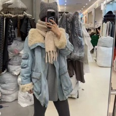 批发XT STUDIO复古加绒宽松口袋牛仔外套女2025秋冬韩版翻领加厚外套