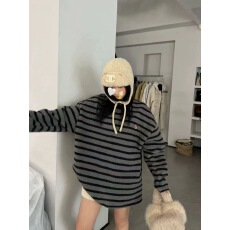 批发东room新款韩版宽松休闲圆领长袖条纹百搭KT休闲慵懒风羊羔毛卫衣